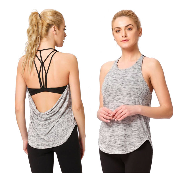 Gray Strappy Yoga Tank with Drape back - Built in Bra with Removable C –  Ori Active