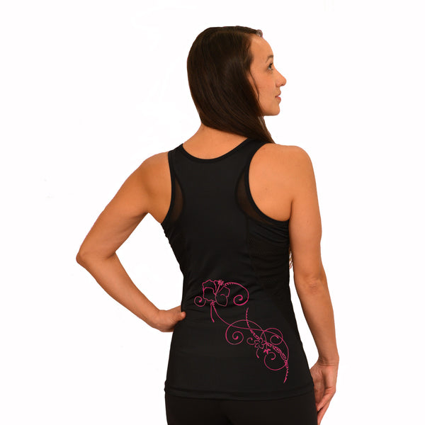 Mesh black yoga top with pink hibiscus design