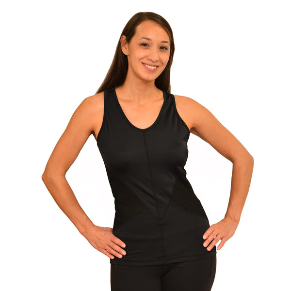 Mesh black yoga tank top with hibiscus design