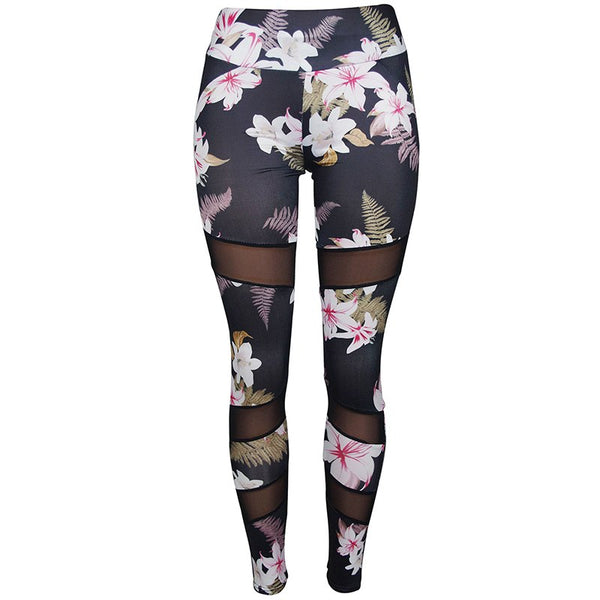 Black, Pink & Tan Tones Floral and Tropical Fern Hawaiian Long Yoga Pants / Leggings with Mesh Accents