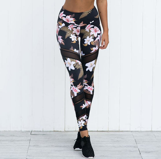 Black, Pink & Tan Tones Floral and Tropical Fern Hawaiian Long Yoga Pants / Leggings with Mesh Accents