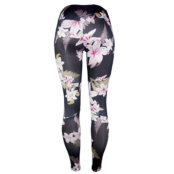 Black, Pink & Tan Tones Floral and Tropical Fern Hawaiian Long Yoga Pants / Leggings with Mesh Accents