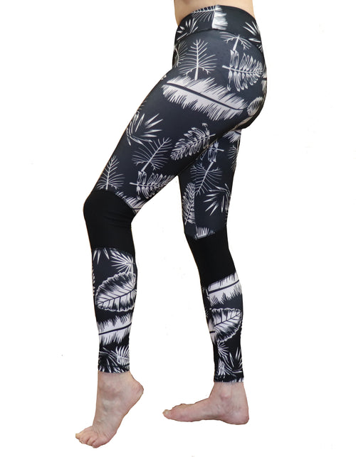 Black and White Tropical Fern Long Yoga Pants / Leggings with Mesh Accent