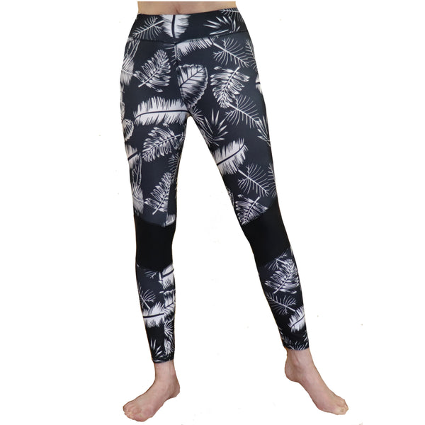Black and White Tropical Fern Long Yoga Pants / Leggings with Mesh Accent
