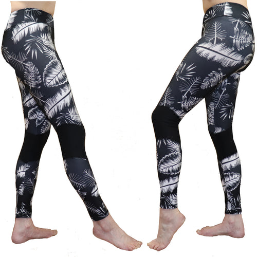 Black and White Tropical Fern Long Yoga Pants / Leggings with Mesh Accent