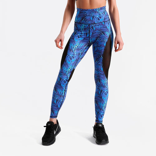 Blue Tropical Fern Long Yoga Pants / Leggings with Mesh Accent