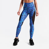 Blue Tropical Fern Long Yoga Pants / Leggings with Mesh Accent
