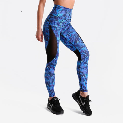 Blue Tropical Fern Long Yoga Pants / Leggings with Mesh Accent