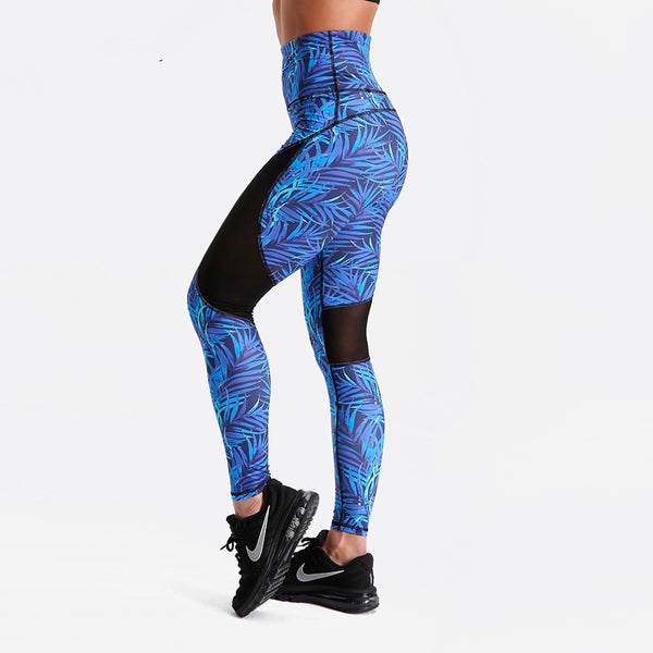 Blue Tropical Fern Long Yoga Pants / Leggings with Mesh Accent