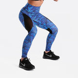Blue Tropical Fern Long Yoga Pants / Leggings with Mesh Accent