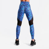 Blue Tropical Fern Long Yoga Pants / Leggings with Mesh Accent