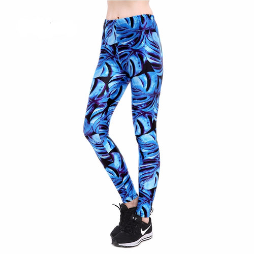 Bright Blue Monstera Leaf Long Yoga Pants / Leggings