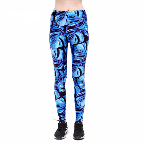 Bright Blue Monstera Leaf Long Yoga Pants / Leggings