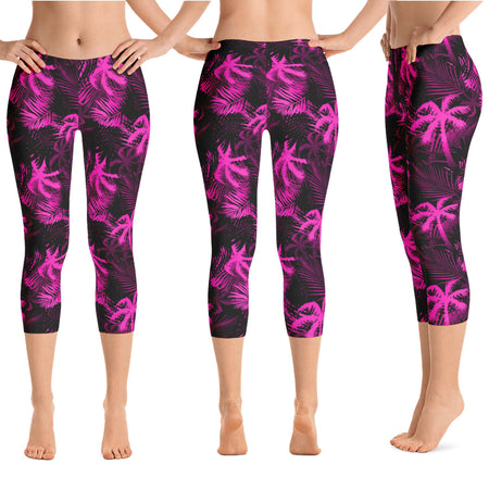 Purple, Navy & Cream Palm Tree Super Soft Yoga Capri / Crop Pants