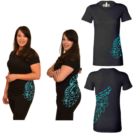Fitted Short Sleeve T-Shirt - Triple Plumeria Hawaiian Tattoo Design