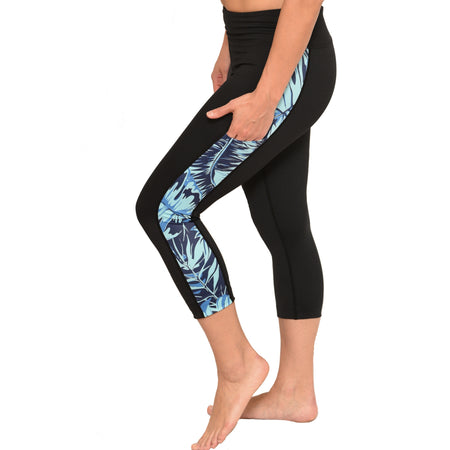 Black, Pink & Tan Tones Floral and Tropical Fern Hawaiian Long Yoga Pants / Leggings with Mesh Accents