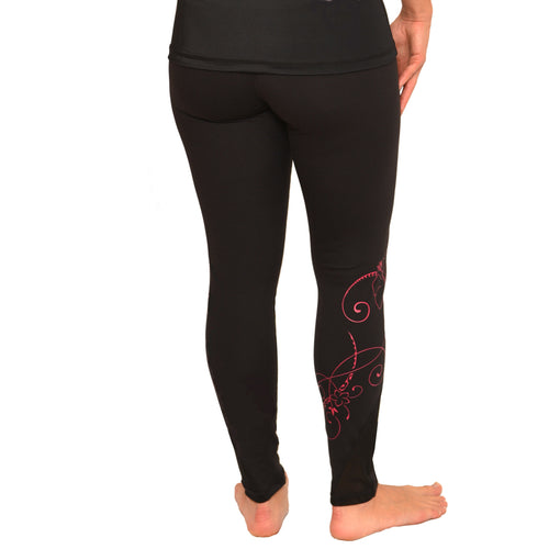 black Hawaiian pink hibiscus long leggings with mesh detail