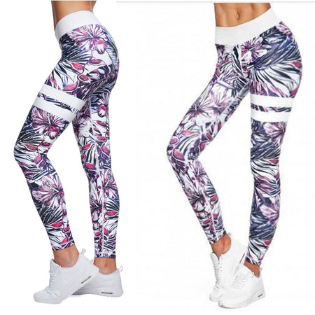 Pale Pink and Green Tropical Fern Long Yoga Pants / Leggings with White Accents