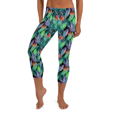 Black, Pink & Tan Tones Floral and Tropical Fern Hawaiian Long Yoga Pants / Leggings with Mesh Accents