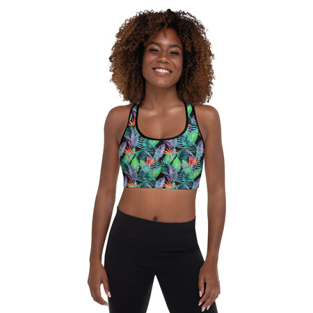 Black, Pink & Tan Tones Floral and Tropical Fern Hawaiian Long Yoga Pants / Leggings with Mesh Accents