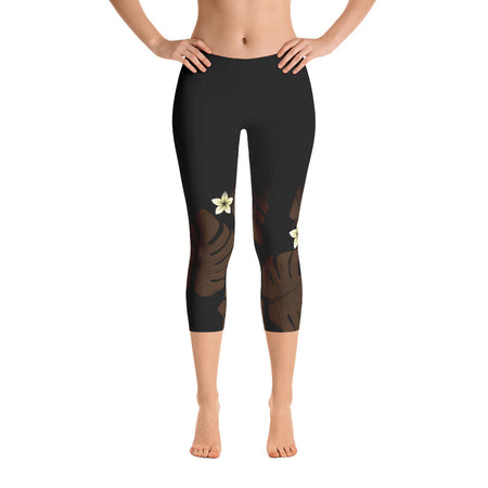 Black, Pink & Tan Tones Floral and Tropical Fern Hawaiian Long Yoga Pants / Leggings with Mesh Accents