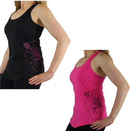 Black Mesh Hawaiian Pink Hibiscus tattoo tank with a  Built in Bra and Removable Cups