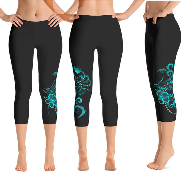 Teal Hibiscus Crop Legging