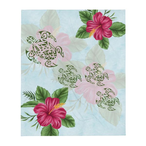 Hibiscus and Honu (Hawaiian Turtle) super soft Throw Blanket - E hele me ka pu’olo (also available without Hawaiian saying)- Size - 50" X 60"