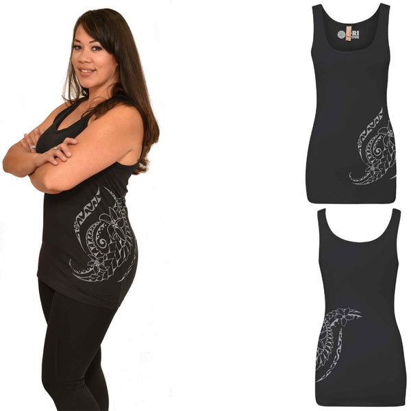 Black and silver plumeria tattoo Polynesian tank
