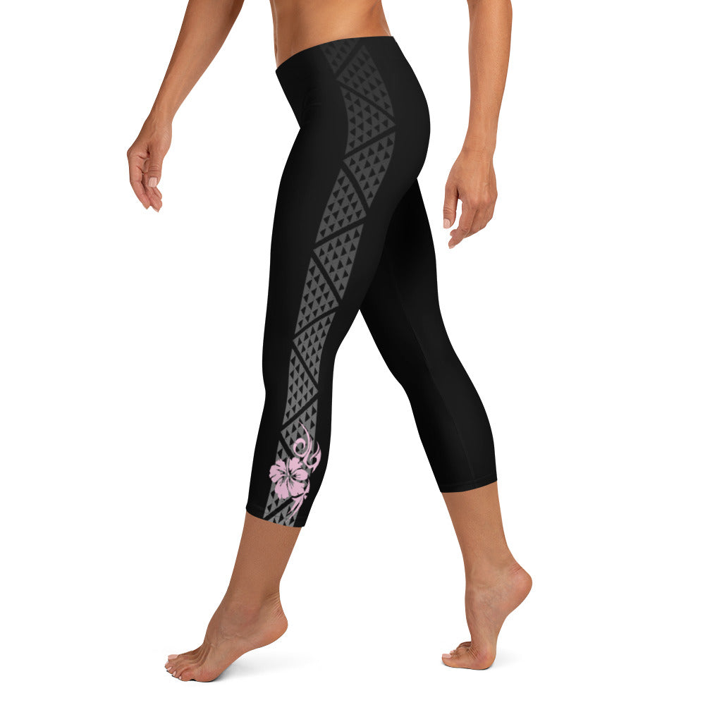 Kuahiwi Mountain Peak Style Samoan Polynesian Tattoo Pattern Print Crop / Capri Leggings with or without Hibiscus Flower