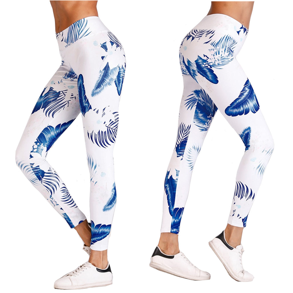 White and Blue Hawaiian Fern & Floral Long Yoga Pants / Leggings
