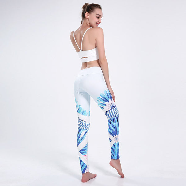 White with Blue Feathers Floral Long Yoga Pants / Leggings - sizes up – Ori  Active