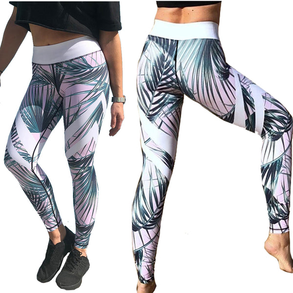 Pale Pink and Green Tropical Fern Long Yoga Pants / Leggings with Whit –  Ori Active