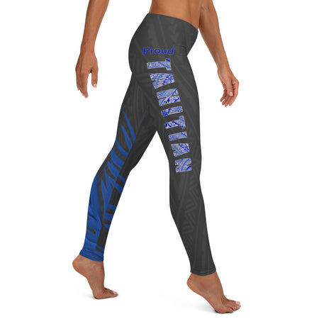 Blue Tropical Fern Long Yoga Pants / Leggings with Mesh Accent