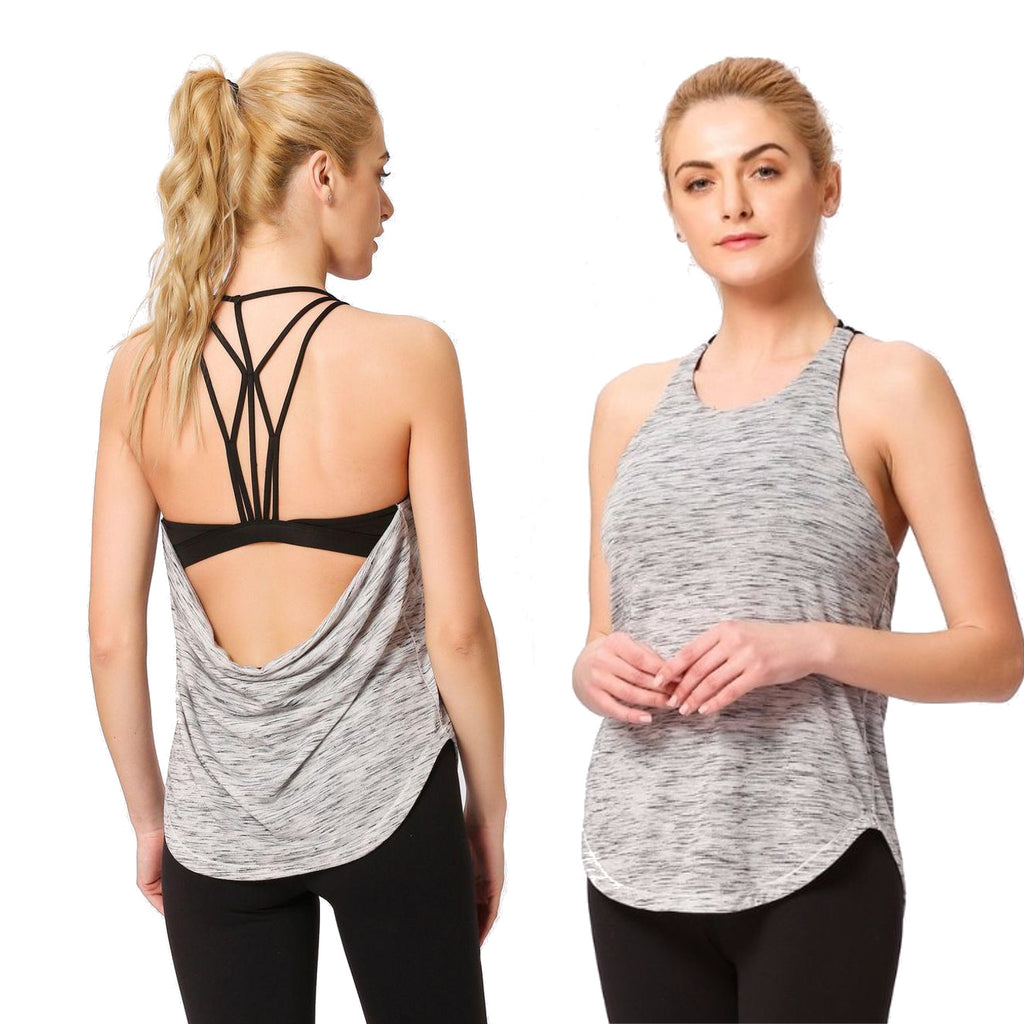 Women Yoga Tops With Built in Bra Gym Strappy Back Top Fitness