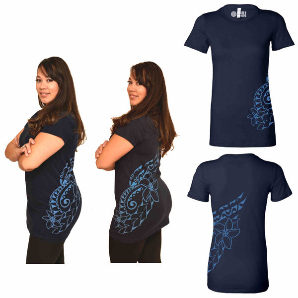 Navy and blue Plumeria tattoo print Polynesian shirt