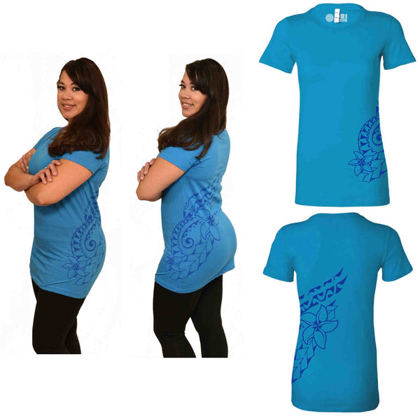 Turquoise Blue Plumeria tattoo print Polynesian T-shirt