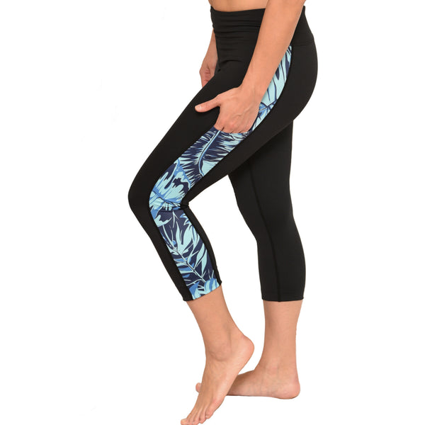 Tropical Crop Pants with Blue Fern pattern detail