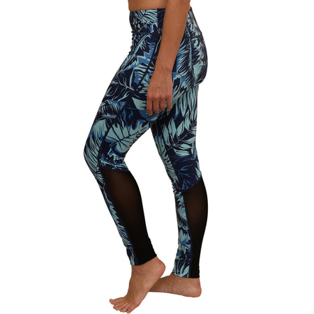 Multi Color Blue & Green  Tropical Fern Long Yoga Pants / Leggings with Mesh Accent & Pockets