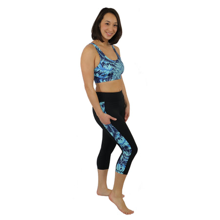 Pale Pink and Green Tropical Fern Long Yoga Pants / Leggings with White Accents