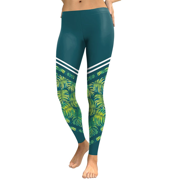Blue and Green Tropical Fern Long Yoga Pants / Leggings