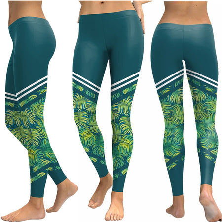 Green with Yellow Hibiscus and Tropical Fern Long Yoga Pants / Leggings