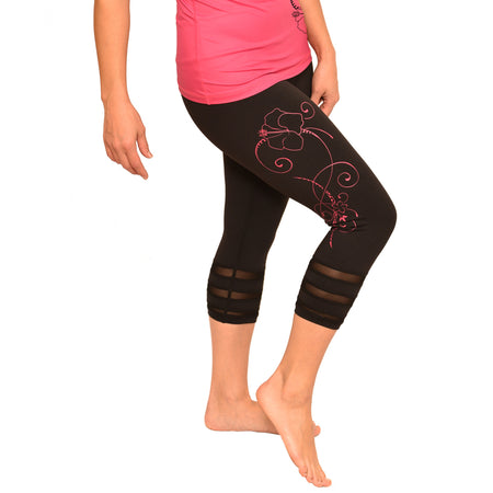 Blue and Pink Hibiscus and Tropical Fern Long Yoga Pants / Leggings