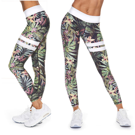 Black, Pink & Tan Tones Floral and Tropical Fern Hawaiian Long Yoga Pants / Leggings with Mesh Accents