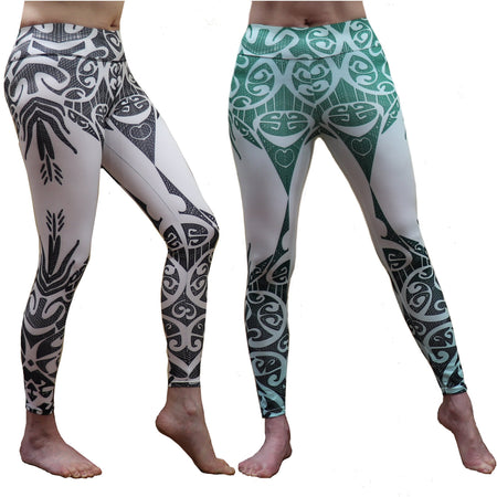 Kuahiwi Mountain Peak Style Samoan Polynesian Tattoo Pattern Print Crop / Capri Leggings with or without Hibiscus Flower