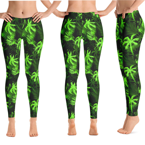 Floral Plus Size Leggings for Women Turquoise Palm Leaves High