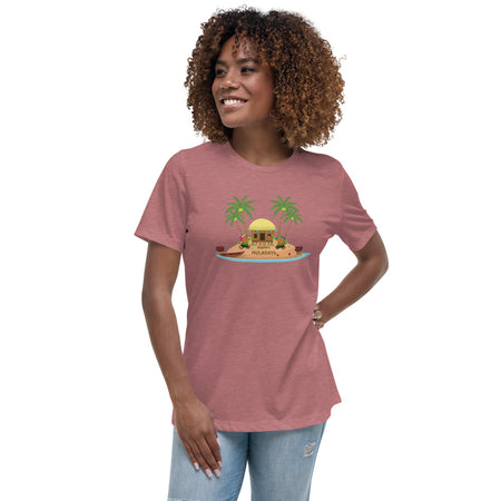 Women's 3/4 Sleeve Semi Fitted V-Neck Premium Jersey Tee with Monstera Leaf Print