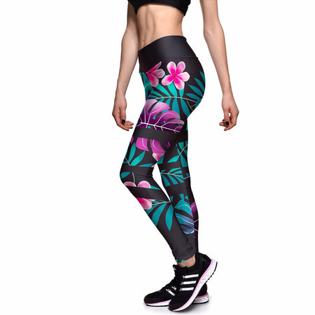 Green with Yellow Hibiscus and Tropical Fern Long Yoga Pants / Leggings
