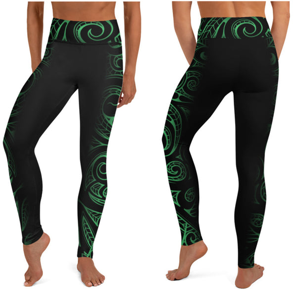 Bright Green Tropical Ferns Shiny Long Yoga Pants / Leggings