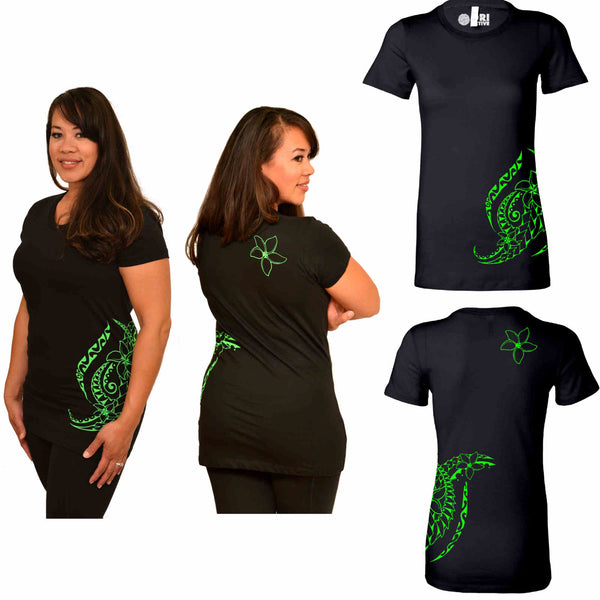 Black and Green Plumeria tattoo print Polynesian t-shirt
